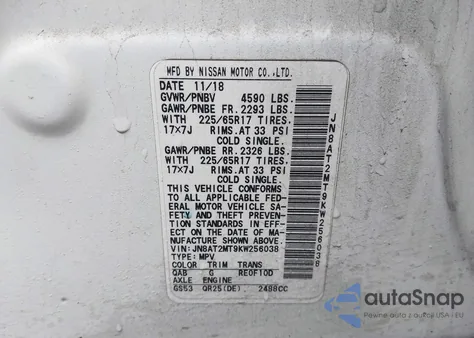 2019 Nissan Rogue Sv z USA, uszkodzony, nr VIN JN8AT2MT9KW256038